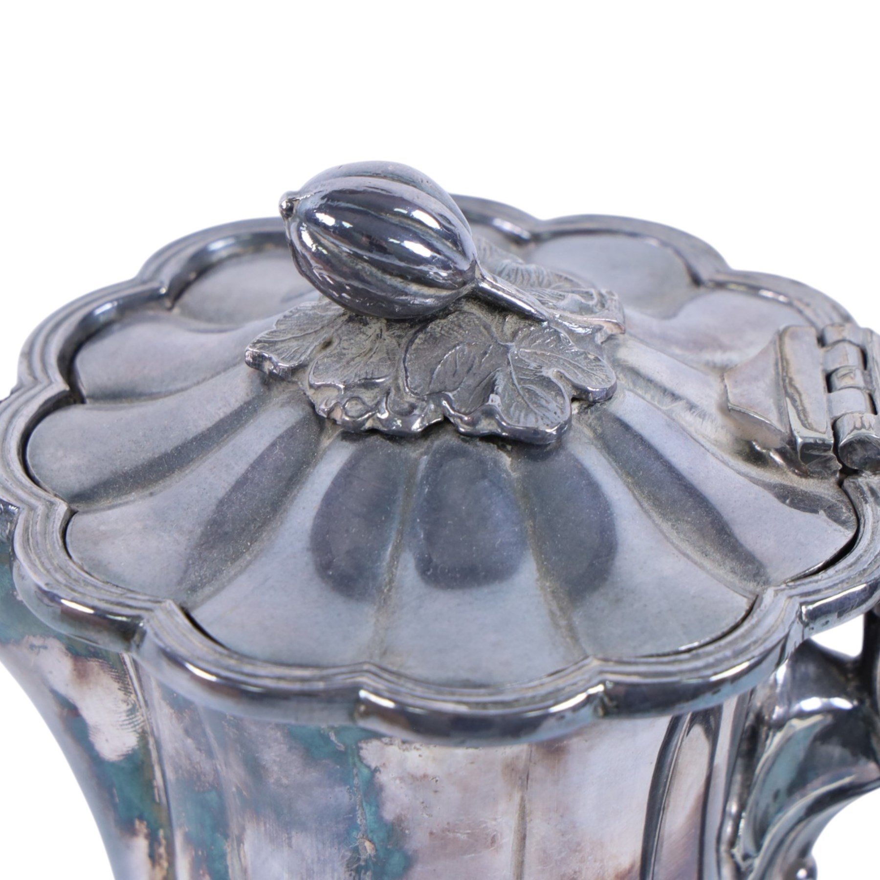 Early 20th century silver plated four piece melon-shaped tea service by James Dixon & Son Sheffield, comprising teapot, hot water jug, milk jug and open sucrier, together with a silver plated twin handled tray with engraved floral decoration