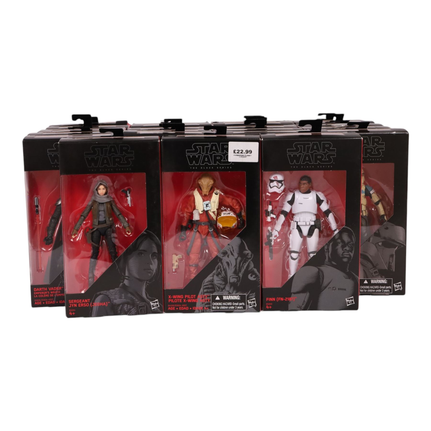 Twenty three Star Wars Black Series Red Wave action figures, comprising Han Solo, Snowtrooper, Imperial Shock Trooper, Tie Fighter Pilot, Chewbacca, Director Krennic, Sabine Wren, Sergeant Gyn Erso, Snowtrooper (Battlofront), Scarif Stormtrooper Squad Leader, Flametrooper, Kylo Ren, Constable Zuvio, Poe Dameron, Guavian Enforcer, X Wing Pilot Asty, Finn, Darth Vader, Stormtrooper, C-3P0, Captain Phasma and Jango Fett,  all boxed