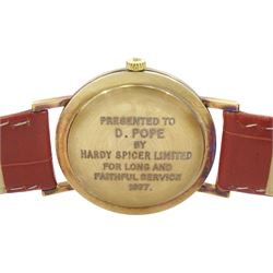 Girard-Perregaux gentleman's 9ct gold manual wind presentation wristwatch, silvered dial with baton hour markers, London 1977, on brown leather strap, boxed