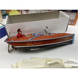 Schylling - six tinplate models comprising Sir Ian’s Bluebird racing car, Speedway Auto Racer, two Aluminium Airships, Tin Speedboat and Ernest in the Music Box; all in original boxes 