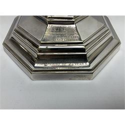 20th century Hawksworth, Eyre & Co silver plated oil lamp, the octagonal stepped base with engraved dedication, leading to an octagonal column supporting a faceted clear glass reservoir, Hinks Duplex burner, clear glass chimney, and cranberry glass shade, overall H71.5cm