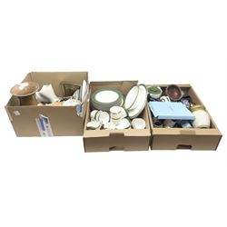 Quantity of ceramics to include Royal Albert and Paragon Elgin pattern tea wares, St Andrews Doulton and Company Green Marble pattern tea and dinner wares, Johnson Bros Snowhite tea and dinner wares, two Sark pottery vases, other studio pottery, Wedgwood Jasperware, Royal Doulton Dickensware Poor Jo plate, Mintons etc in three boxes