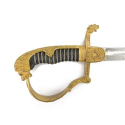 Prussian cavalry officer's sword, with 79cm etched curved blade double-edged towards the point, crossed swords insignia to langet, stirrup knuckle bow, wirebound black grip and lion's head pommel with inset ruby eyes and lion head to the quillon, in black painted steel scabbard with single suspension ring, overall L97cm