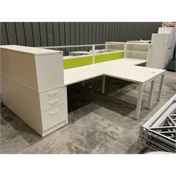 Modular two desk office system - comprising two desks, two returns, two filing drawer cabinets and one screen. Desk dimensions W160cm, D80cm, H73cm, pedestal dimensions W42cm, D80cm, H120cm - THIS LOT IS TO BE COLLECTED BY APPOINTMENT FROM DUGGLEBY STORAGE, GREAT HILL, EASTFIELD, SCARBOROUGH, YO11 3TX