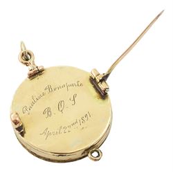 Victorian gold portrait brooch/pendant, set with a circular miniature of Pauline Bonaparte on ivory, under a glazed panel, within a gold mount, the reverse inscribed 'Pauline Bonaparte, B.Q.J, April 22nd 1891'. This lot has been registered for sale under Section 10 of the APHA Ivory Act