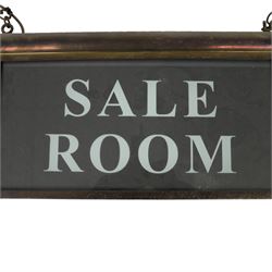 Early 20th century brass ceiling hanging illuminated sign 'sale room', H27cm, L48cm