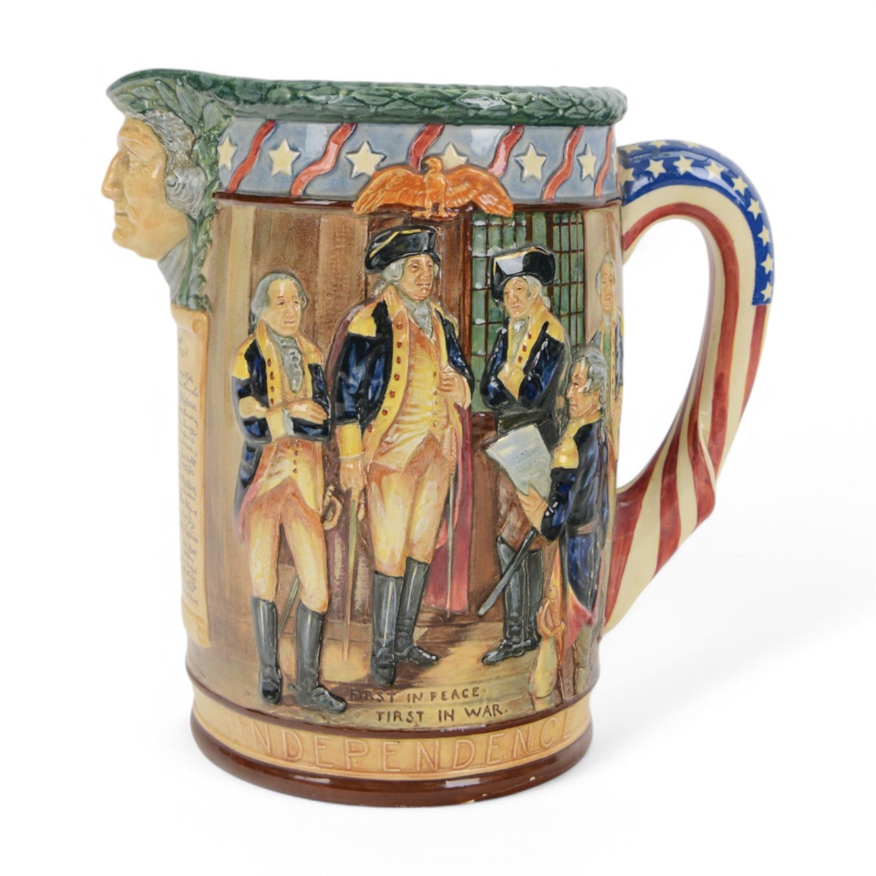 Royal Doulton The George Washington Jug, designed by Charles Noke and Harry Fenton a bicentenary jug modelled in relief with scenes relating to the signing of the Declaration of Independence, the handle in the form of the U.S. flag, H27cm