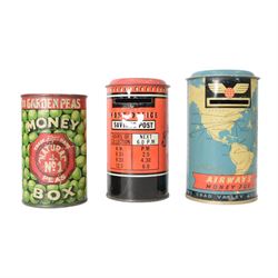 Ten vintage tin plate money boxes, including All American  Toys Mail-Bank, Chad Valley Airwaves Money Box, Chad Valley Post Office Money Box, Canister Co. Ltd Natural No.1 Peas Money Box, etc, tallest H23cm