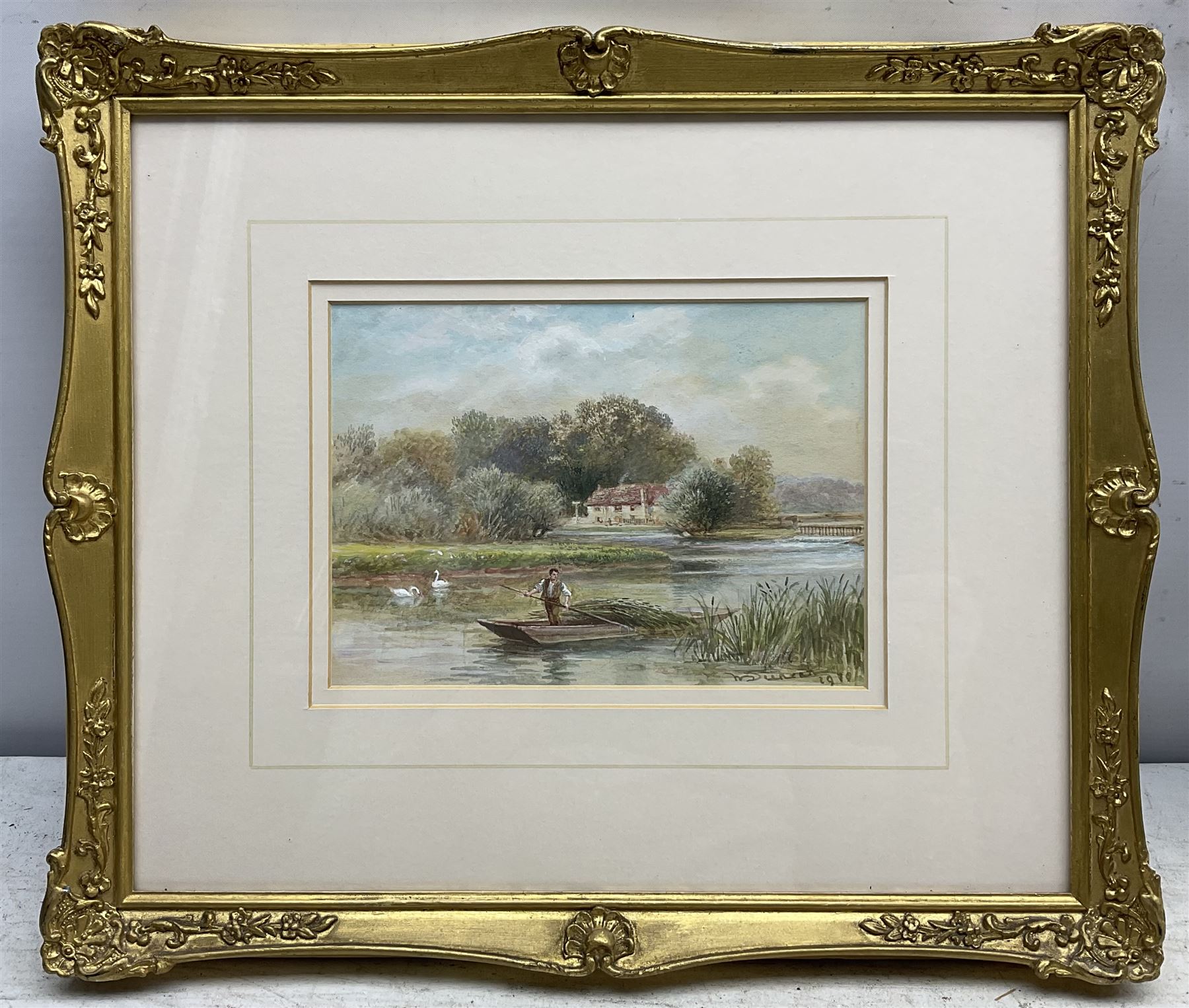 Walter Duncan (British 1848-1932): 'Clevedon Woods on the Thames' and 'The Rush Boat - Pangbourne on the Thames', pair watercolours signed and dated 1910, titled in a later hand verso 13cm x 18cm (2)