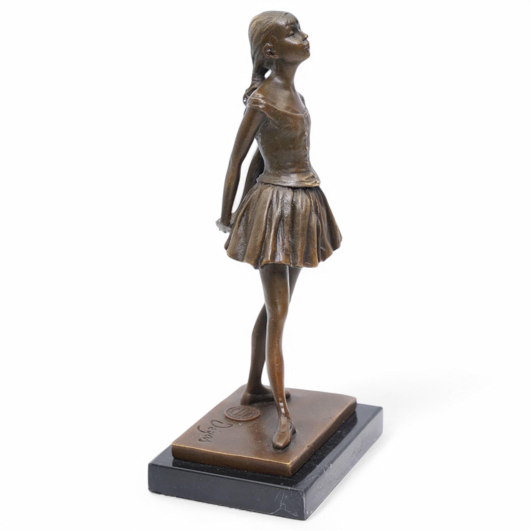 After Edgar Degas, (1834-1917), La Petite Danseuse de Quatorze Ans, small bronze figure modelled as a young female dancer, signed and with foundry mark, raised upon a rectangular base, H18.5cm