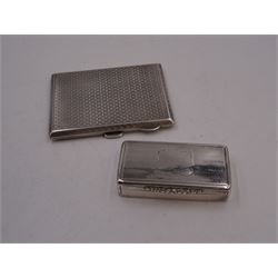 Victorian silver snuff box, of rectangular form with lattice decoration to body and ornate scrolled lip and blank shield shaped cartouche to hinged cover, W5.5cm hallmarked Birmingham 1839, together with an early 20th century silver cigarette case, of rectangular form, with engine turned decoration and personal engraving to gilt interior, W8.5cm, hallmarked W H Haseler Ltd, Birmingham 1928
