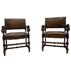 Pair late 19th century oak barley twist framed open armchairs, leather upholstered seats and backs with studded detail, carved Flemish style half bust arm supports and terminals 