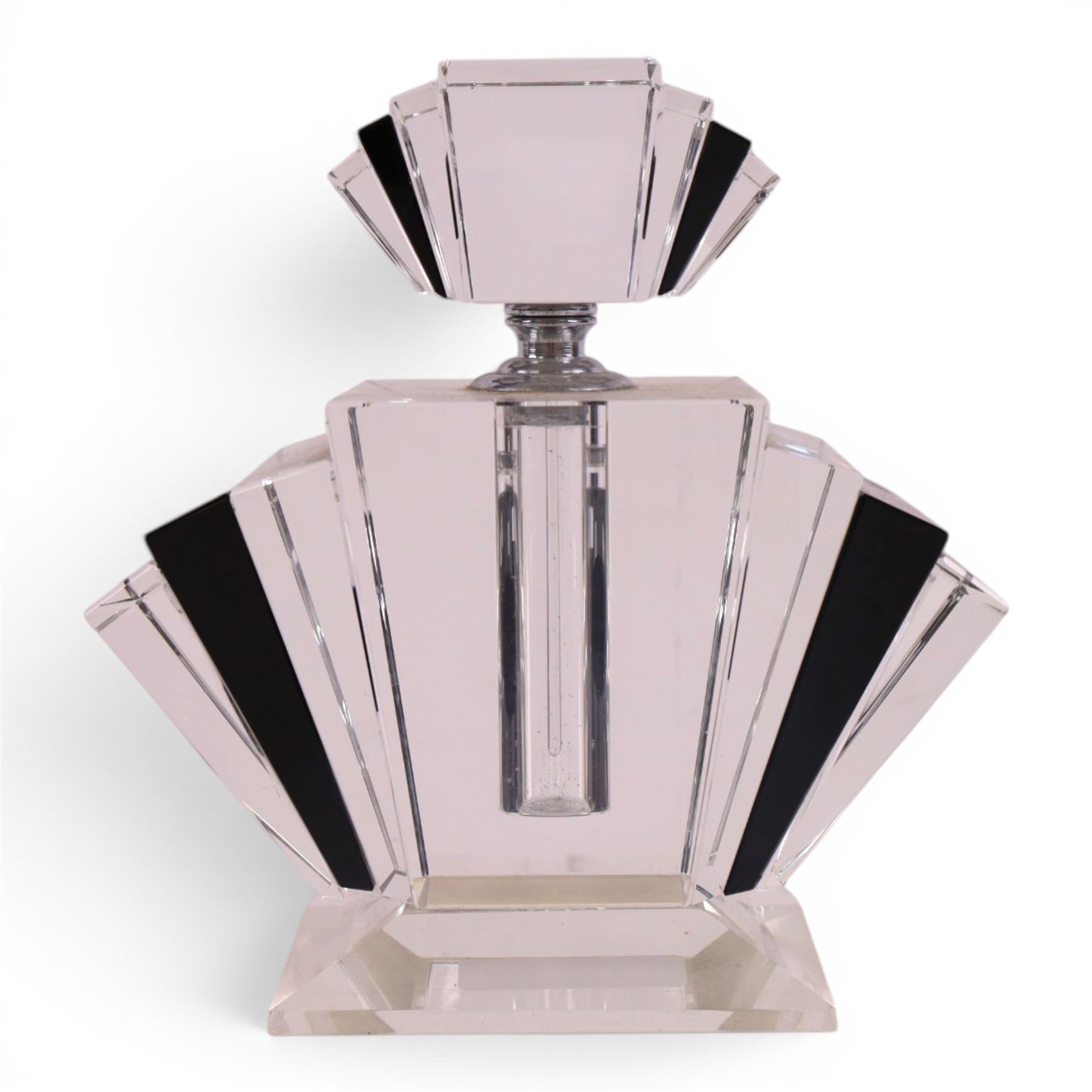 Art Deco style perfume bottle, of faceted form black and clear glass, H23cm