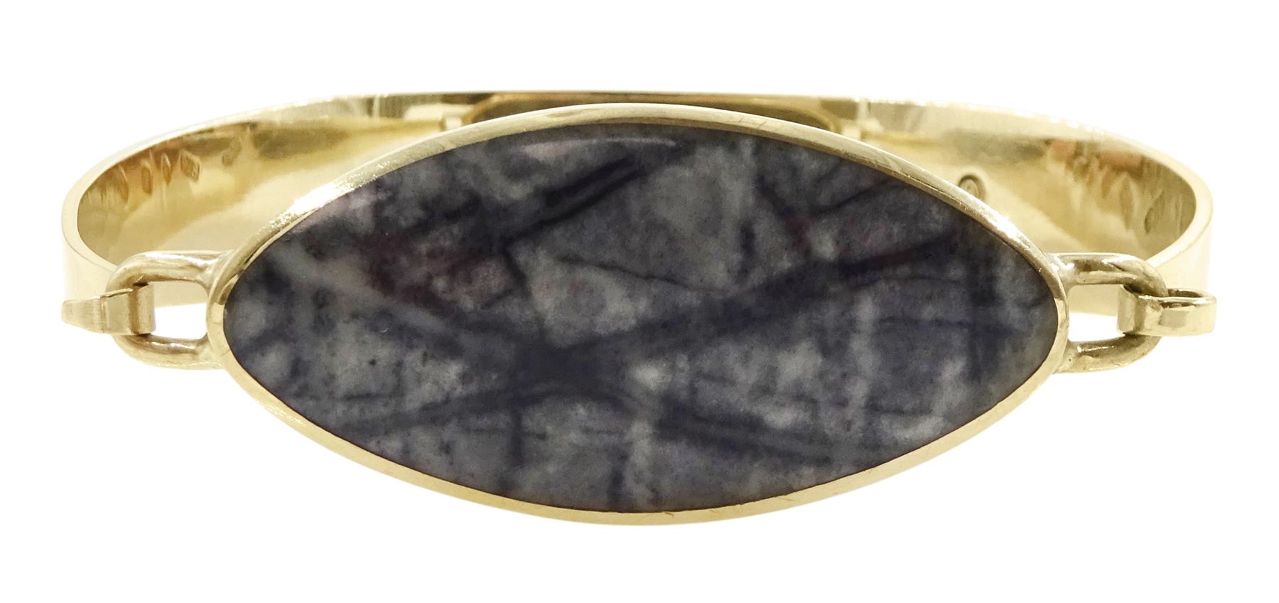 9ct gold oval Picasso jasper wide bangle by C W Sellors, Sheffield 2003