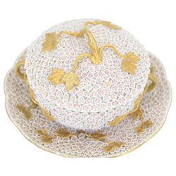 Meissen style Schneeballen or Snowball ecuelle, cover, and stand, profusely encrusted throughout with small white flower heads, with gilt vine handles and detail, overall H10.5cm, stand D18cm