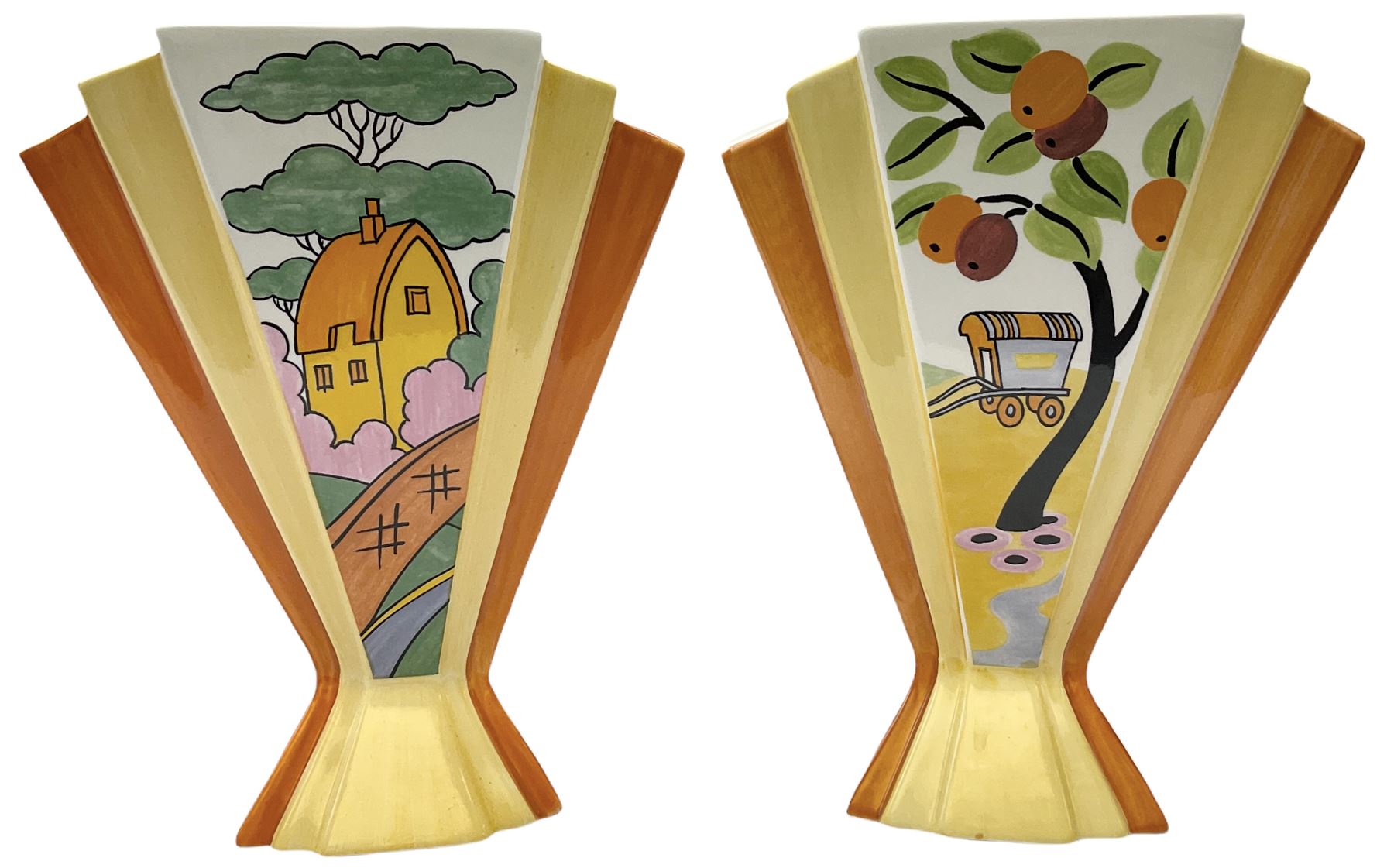 Two Wedgwood Clarice Cliff sunray vases, in Caravan design and Orange Roof Cottage design, both limited edition, H21.5cm. 