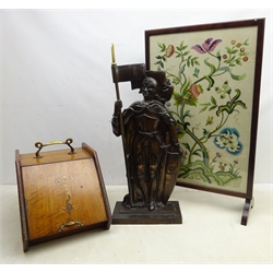  Oak framed fire screen with foliate needlework panel, H79cm Edwardian mahogany inlaid coal compendium and a large bronzed cast metal companion set modelled as a Roman Soldier, H72cm (3)  