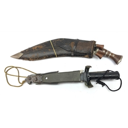  Parachute Regiment survival type knife with 13cm saw back blade stamped Taiwan, with accessories in plastic scabbard and a Kukri Knife with 32cm curved blade stamped Genuine with chrome banded wooden handle, in a leather scabbard, (2)  
