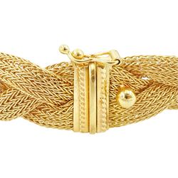 18ct gold plaited mess and bead design bracelet, stamped 750