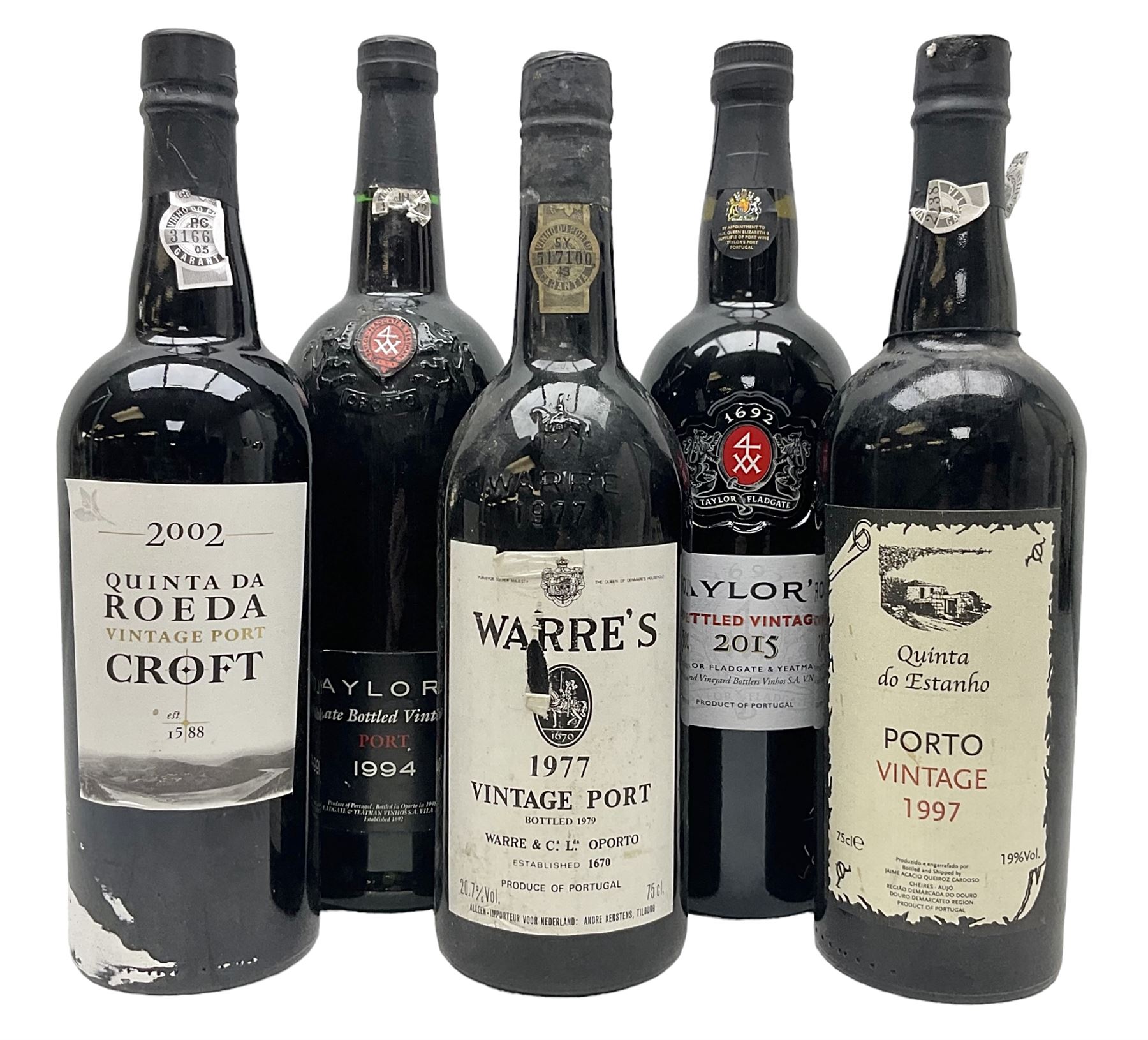 Mixed port, comprising Warre's 1977, vintage port, Quinta do Estanho, 1997, vintage port, Croft Quinta da Roeda, 2002, vintage port, Taylors, 1994, port and Taylors 2015, port, various contents and proof (5)
