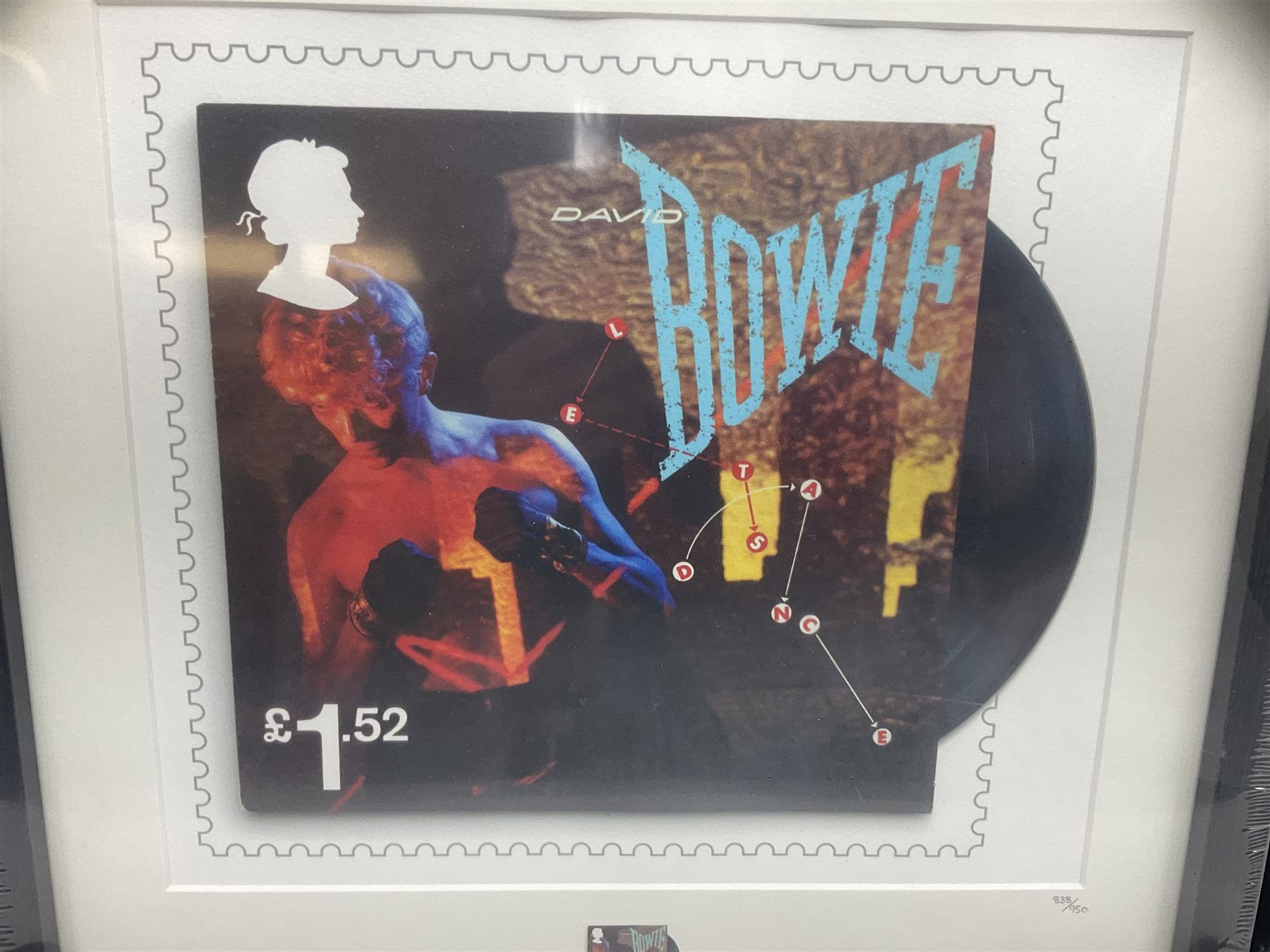 Set of four Royal Mail David Bowie limited edition album stamp prints, comprising Heroes, Ziggy Stardust Tour, Hunky Dory and Let's Dance, all framed and in original packaging, H43cm W43cm