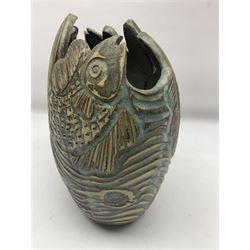 John Egerton (c1945-): studio pottery stoneware vase, decorated with fish and ammonites, H24cm