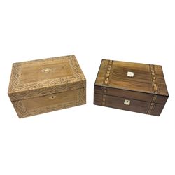 Oak sewing box with geometric inlaid decoration, the hinged lid lifting to reveal compartmented interior with lift out tray together with another mahogany example with mother of pearl and marquetry inlay decoration, both for restoration, largest H15cm W30cm D22cm
