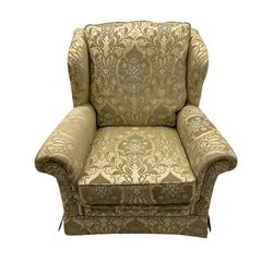 Steed Kedleston three seat sofa, and matching wing back armchair, upholstered in pale gold fabric