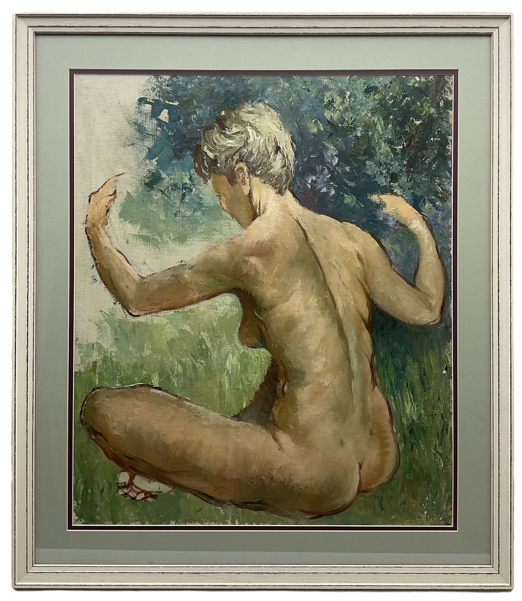 Roberte Chevalier (French 1907-2000): Seated Female Nude outside, oil on canvas laid onto board 62cm x 52cm