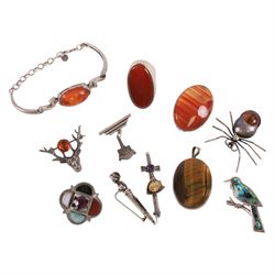 Silver stone set jewellery, including Baltic amber bracelet, agate brooch, tigers eye pend...