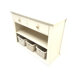 Cream painted pine side unit, two drawers above single shelf, three baskets, W110cm, H79cm, D41cm
