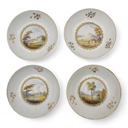 Set of four Pinxton porcelain bute shaped teacups and saucers, circa 1796-1813, pattern no. 58, painted in polychrome with circular landscape panels within gilt husks and sprigs, all saucers numbered 58 beneath, saucer D14cm, teacup H6cm (8)