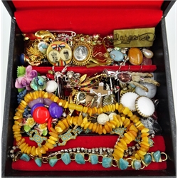  Amber necklace, costume jewellery, coronation brooches in one box  