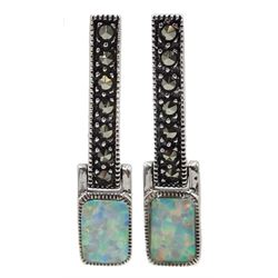 Pair of silver opal and marcasite pendant stud earrings, stamped 925