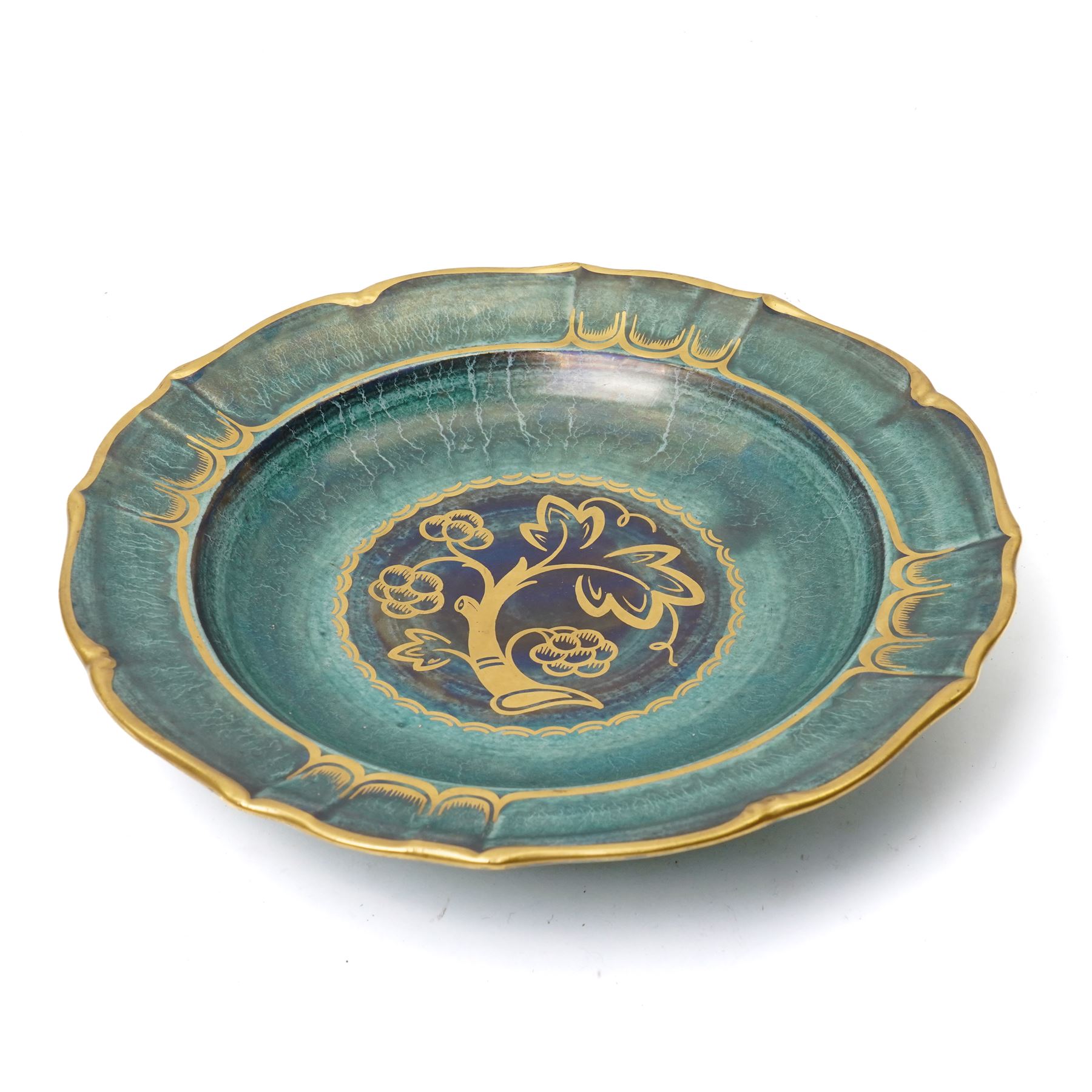 Josef Ekberg (Swedish 1877-1945) for Gustavsberg comport, c1930s, decorated in gilt with tree detail on a green lustre ground, gilt signature to base, D31cm