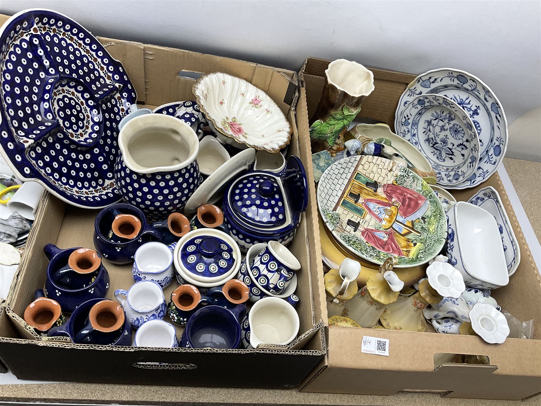 Collection of ceramics in four boxes to include two Meissen onion pattern blue and white plates, each with blue painted crossed swords mark to base,  Hornsea Fauna, West German plate etc