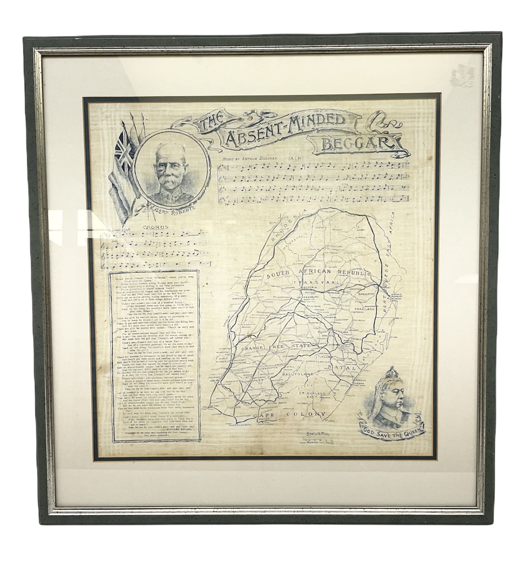 Boer War cotton handkerchief printed with portraits of Lord Roberts and Queen Victoria with a map of Southern Africa and Kipling's The Absent Minded Beggar, framed, handkerchief 44.5 x 43cm