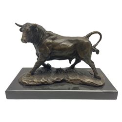 Bronze figure, modelled as a prancing bull, upon a naturalistic base signed Mils and with foundry mark, raised upon a rectangular marble base, overall H14cm