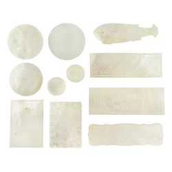 Collection of approximately one hundred and twenty Chinese mother of pearl gaming counters or tokens, of various size and form including rectangular, square, navette, circular and fish shaped examples, various decoration including floral motifs and narrative figural scenes, largest rectangular examples L6cm, largest circular D3.5cm, smallest circular D1.5cm