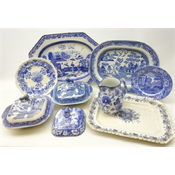  Early 19th century pearlware octagonal meat plate transfer printed with 'Lady with Parasol' pattern, L51cm, two Copeland Spode blue and white plates and other 19th century and later blue and white dinnerware  