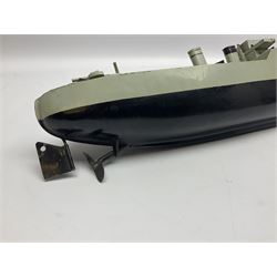 Pre-war Sutcliffe Grenville tinplate clockwork Battleship, with black and grey hull, grey deck and upper decks, propeller and rudder, length 32cm; with manuscript biographical details and two keys, unboxed