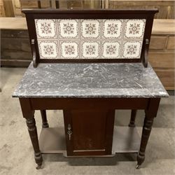 Early 20th century oak washstand, raised tile back over rectangular marble top, fitted with single cupboard, raised on ring turned supports  - THIS LOT IS TO BE COLLECTED BY APPOINTMENT FROM THE OLD BUFFER DEPOT, MELBOURNE PLACE, SOWERBY, THIRSK, YO7 1QY