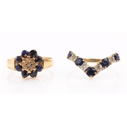  Sapphire and diamond gold wishbone ring and sapphire and diamond gold cluster ring both hallmarked 9ct  