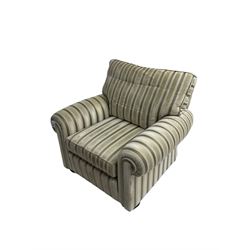 Duresta - 'Waldorf' armchair, in neutral striped fabric, on compressed bun feet