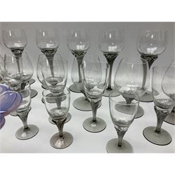 Murano glass figure of a recumbent horse, Murano Lavorazione purple and pink flower, and quantity of matching drinking glasses