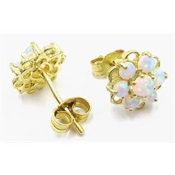 Pair of opal silver-gilt flower cluster ear-rings