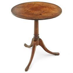 George III mahogany tilt-top tripod table, the circular top with moulded edge and inlaid edge, tilting on an iron catch above a ring-turned column, raised on three outswept legs terminating in pad feet