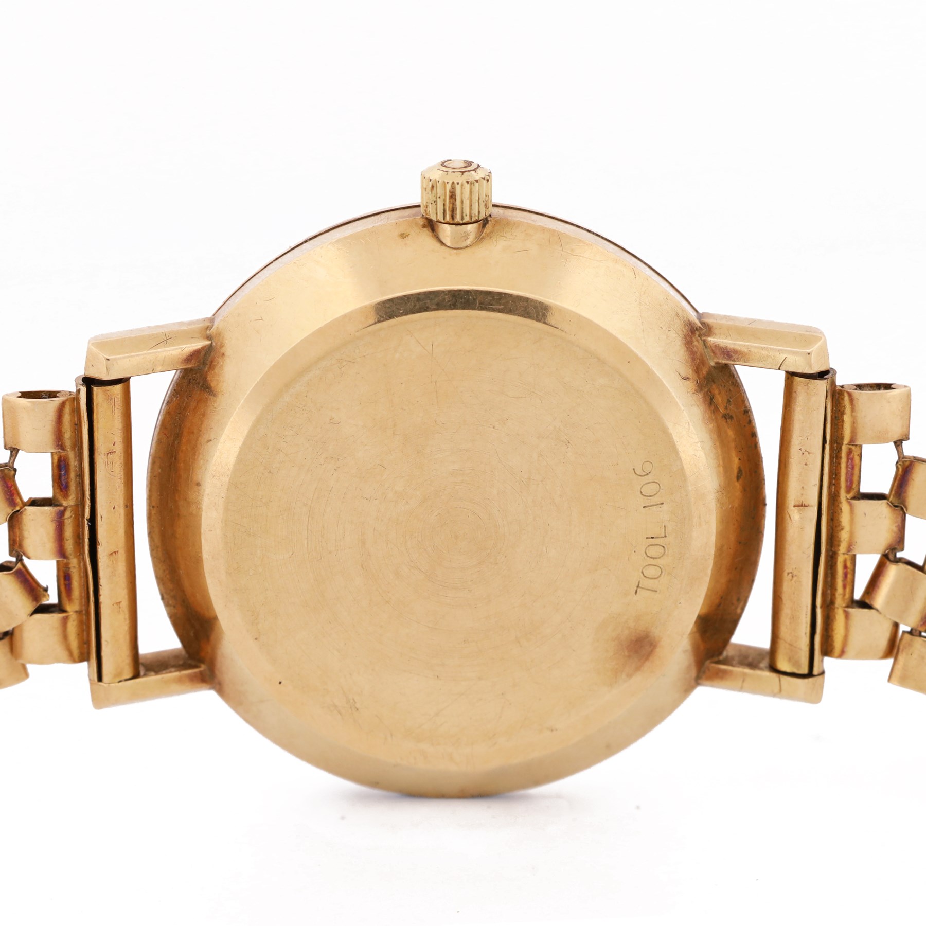 Omega gentleman's 9ct gold automatic wristwatch, gilt dial with baton hour markers and date aperture, back case engraved Tool 106, on a 9ct gold brick link bracelet, London 1976