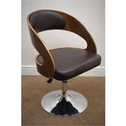  Rosewood bent plywood tub shaped adjustable swivel desk chair, chocolate brown upholstered splat and seat, chrome support and base, W56cm  