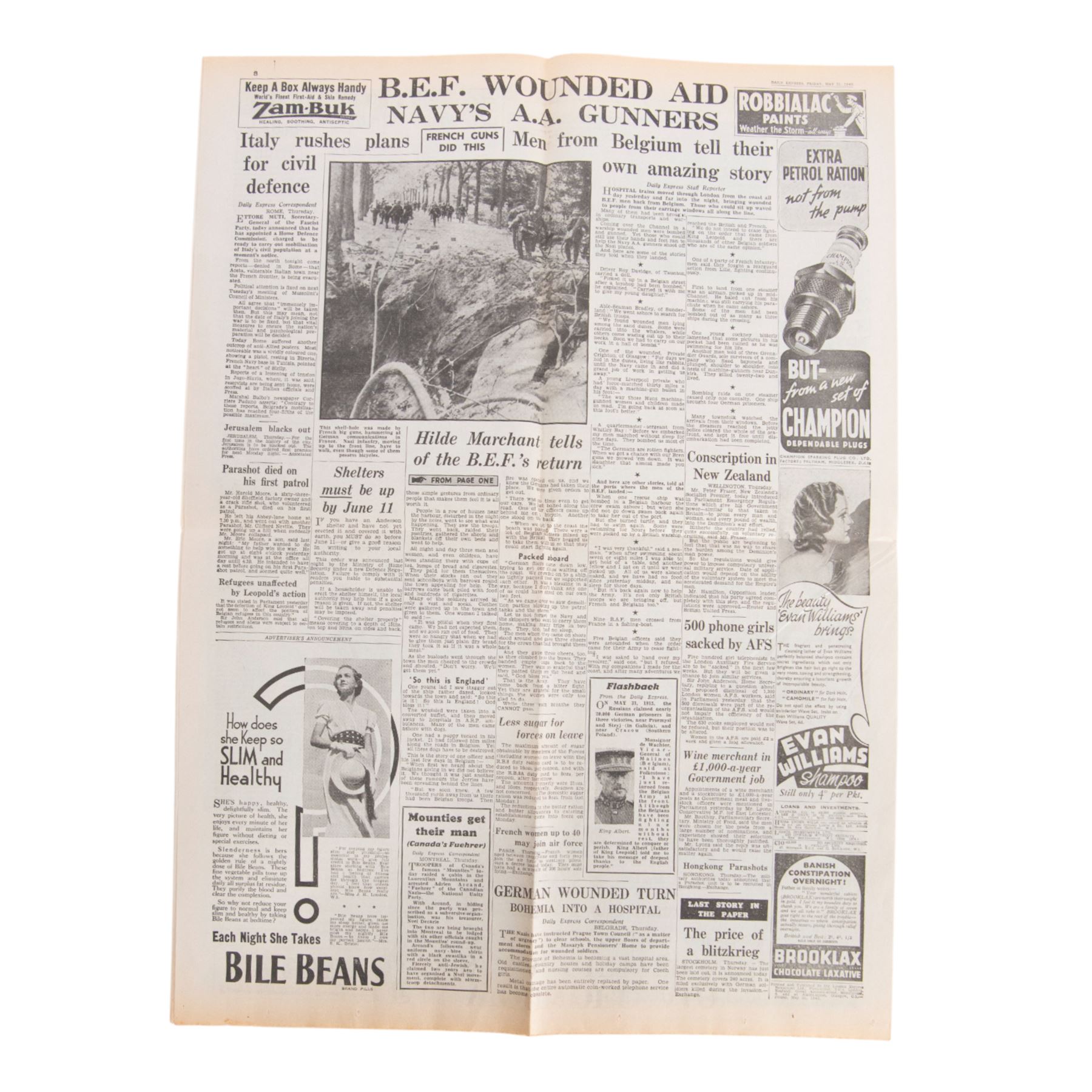 Dunkirk; Daily Express newspaper Friday May 31 1940, reporting on Dunkirk and the evacuation